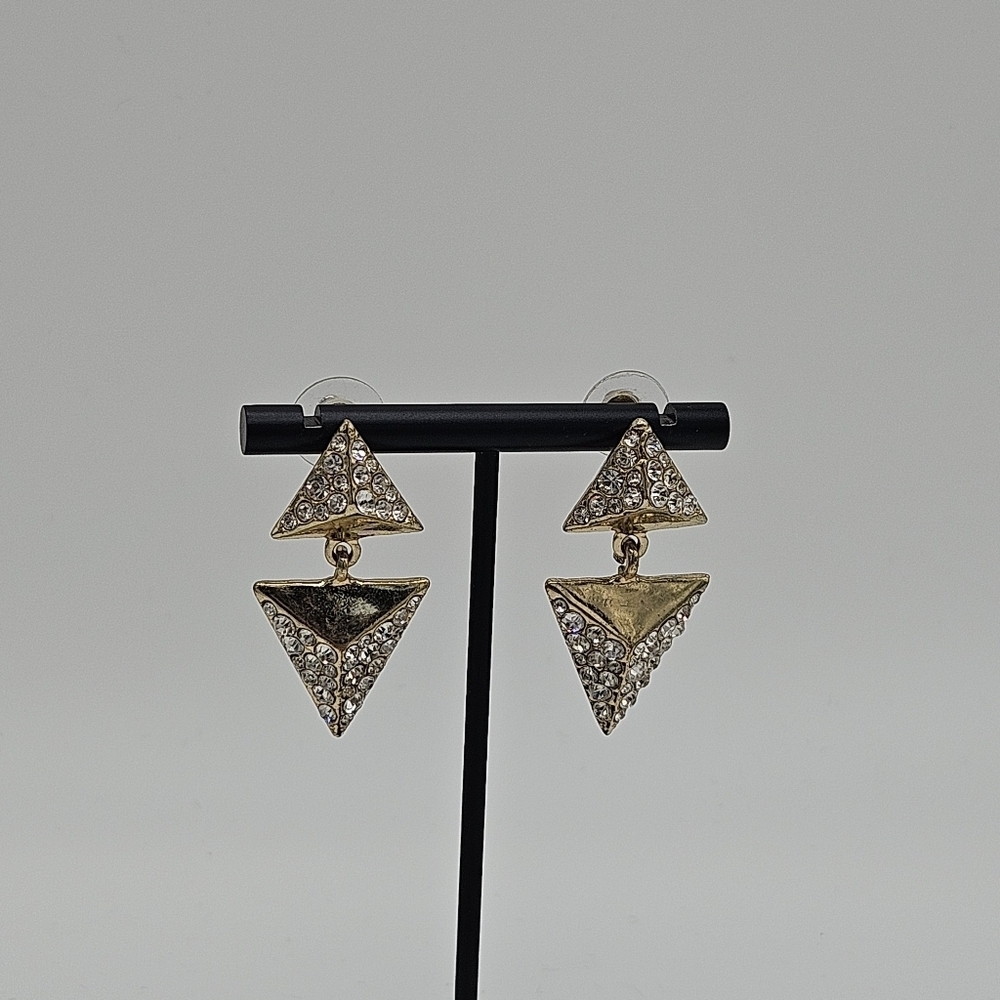 gold tone tiered triangle rhinestone earrings